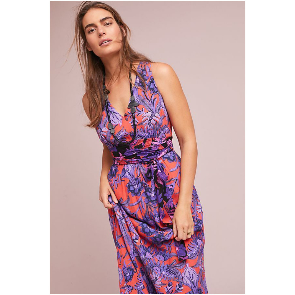 Anthropologie Maeve Macie Maxi Dress Long Coral Purple Resort Tropical Floral 6
